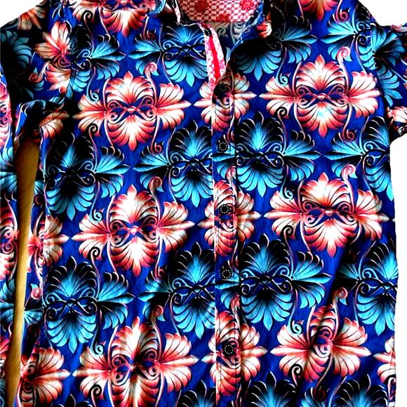 wild graphic floral print Shirt Men S button up preppy Casual Contrast Flip Cuff - Picture 2 of 8